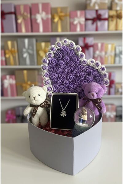 elovya SEVGİLİYE ÖZEL HEDİYE KUTUSU İKİLİ PELUŞ AYICIK MOR GÜL KALPLİ KUTU MELEK KANATLI KOLYE &KAR KÜRESİ