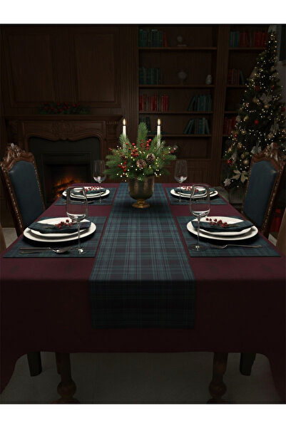 Pine 5li Ekose Desenli Runner Set, Yılbaşı Yeni yıl Davet (4 Amerikan servis + 1 Runner)