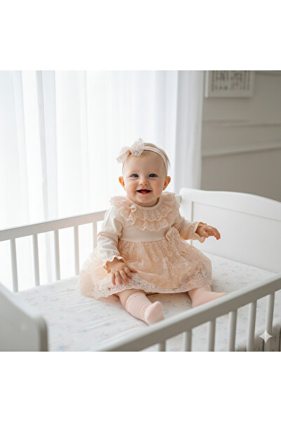 Miniday Baby Kız Bebek Elbisesi Bandanalı Dantel Yaka Detaylı