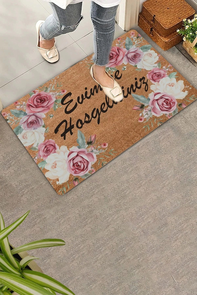 Valerine Life سجادة أمامية للباب باللون الأحمر والأبيض على شكل إكليل من الورو...