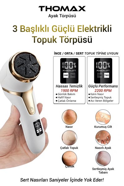 THOMAX Şarjlı Topuk Nasır Giderici 2 Kademeli 3 Başlıklı Yıkanabilir Ayak Törpüsü Ayak Bakım Seti