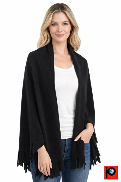 PAKER GİYİM Şal de umăr din lână cu ciucuri de iarnă neagră