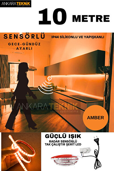 ankarateknik Hareket Sensörlü 220 Volt Silikonlu Amber Renk Şerit LED (120 Le...