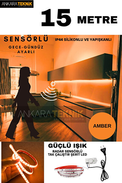 ankarateknik Hareket Sensörlü 220 Volt Silikonlu Amber Renk Şerit LED (120 Le...
