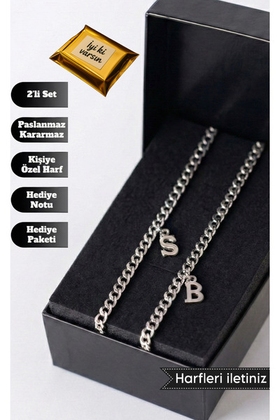 ruvelu 2'li Harfli Kararmaz Çelik Bileklik, Sevgili Bilekliği, Çift Bilekliği...