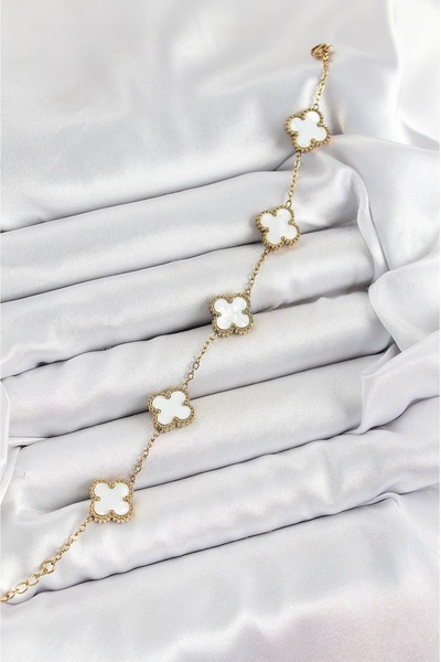 stainles steel Van Cleef Model Altın Renk Kaplama Beyaz Taşlı Dört Yaprak Fig...