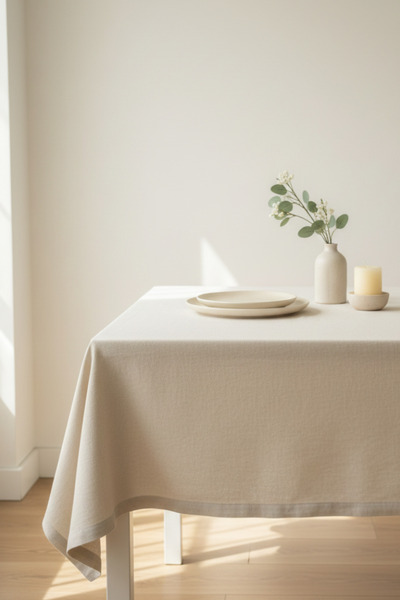 MZN Home Düz Sade Kenarlı Bej Keten Masa Örtüsü – %100 Doğal Pamuk, Kare & Di...