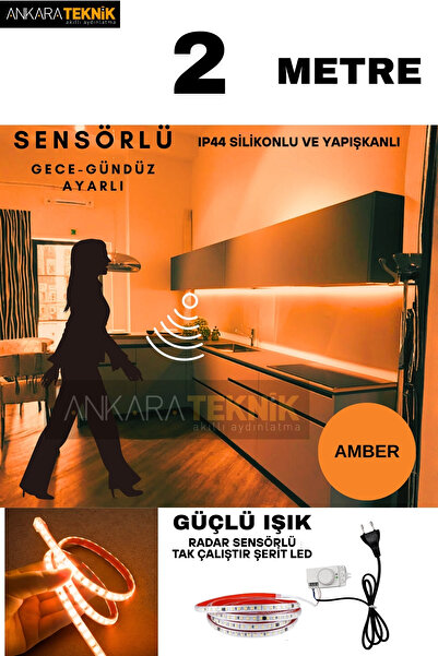 ankarateknik Hareket Sensörlü 220 Volt Silikonlu Amber Renk Şerit LED (120 Le...