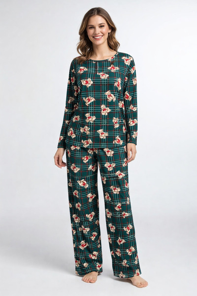 Albie Kadın Pijama Takımı Uzun Kollu Mikro Süet Kumaş Ayıcık Baskılı Alt Üst