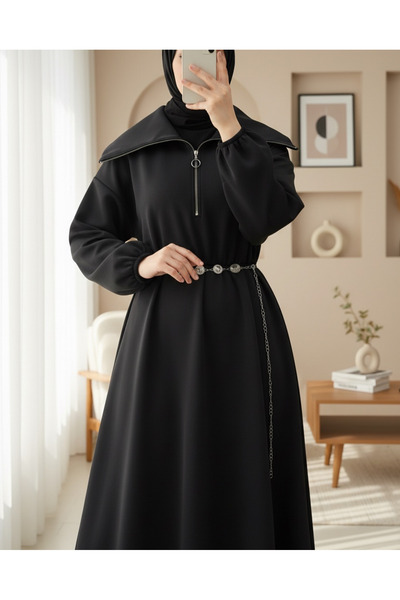 Modamorfo فستان سكوبا بخصر مطاطي وسحاب نصفي - أسود