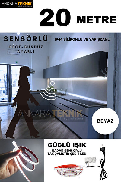 ankarateknik Hareket Sensörlü 220 Volt Silikonlu Beyaz Renk Şerit LED (120 Le...