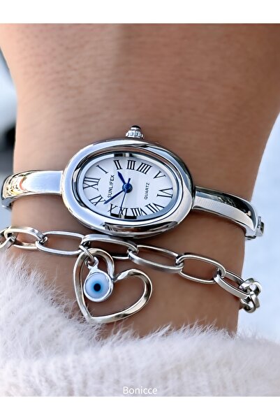 Bonicce ساعة يد نسائية كلاسيكية عتيقة الطراز من Keleçe باللون الفضي + سوار مط...