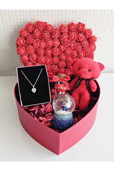FİORELLA HEDİYE SEVGİLİYE KIRMIZI KALPLİ HEDİYE KUTUSU-PELUŞ AYI,KAR KÜRESİ,ÇELİK KOLYE,-SEVGİLİLER GÜNÜ,DOĞUM GÜNÜ
