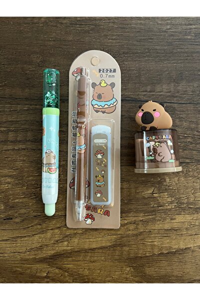 Kawai Capybara Kırtasiye Seti 1 Adet Silgi 1 Adet Uçlu Kalem 1 Adet Kalemtıraş Kapibara Okul Set