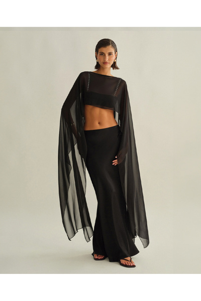 ARONA Lilbasic Şifon Siyah Panço İnci Askılı Crop