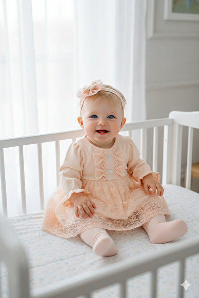 Miniday Baby Kız Bebek Mevlütlük ElbisE Dantelli Bandanalı