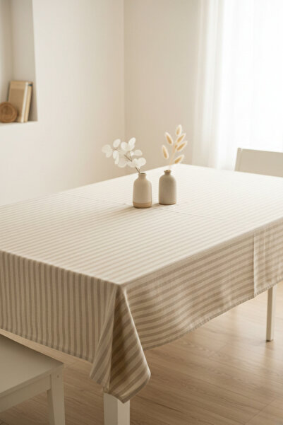 MZN Home Düz Şeritli Sütlü Kahve Keten Masa Örtüsü – Kare & Dikdörtgen, %100 ...