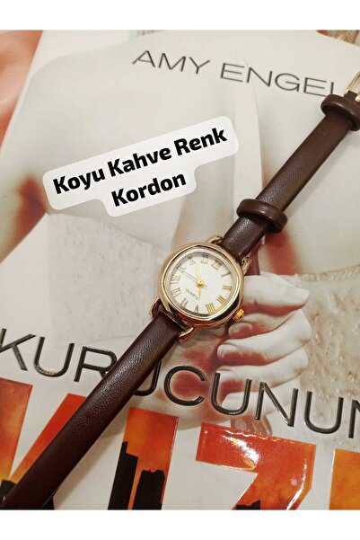 QUARTZ Retro Minimal Vintage Koyu Kahve Renk Kordon Kadın Kol Saati Gold Kasa bb0140