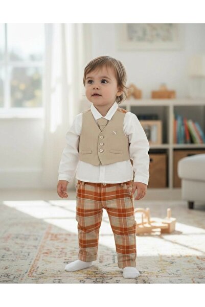 Butik Babydola Bebek Kravatlı Gömlek Pantolon Yelek 4 lü Takım
