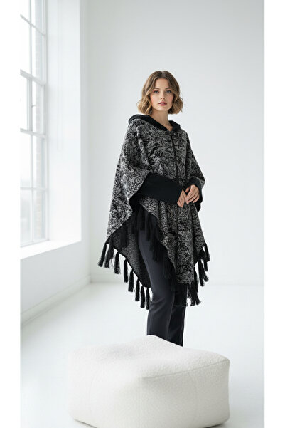 Uludağ Triko Γυναικείο πόντσο με πετσέτα με κουκούλα σε μαύρο γκρι