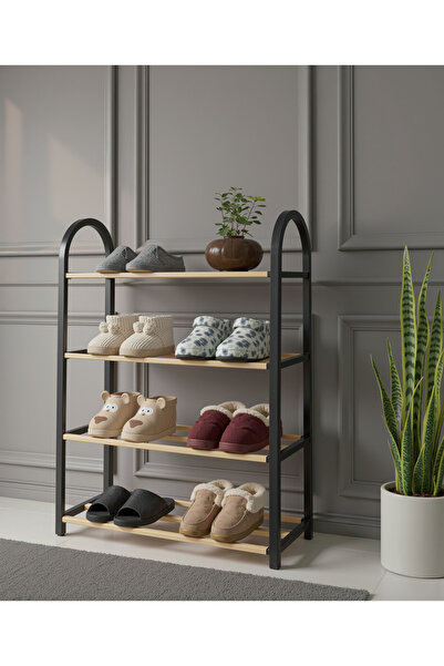 GNS Masif Ahşap Çubuklu 4 Katlı Siyah Plastik Ayak Ayakkabılık Şık ve Dekoratif Görünüm