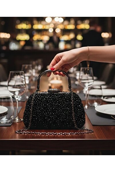 GP GUES POLO kadın siyah kristal iri taşlı abiye çantası özel gün çantası