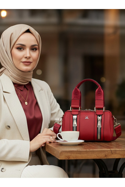 Çanta Trend Mega Polo Cylinder Silver Zipper Detailed Red Women's Bag with Ha...