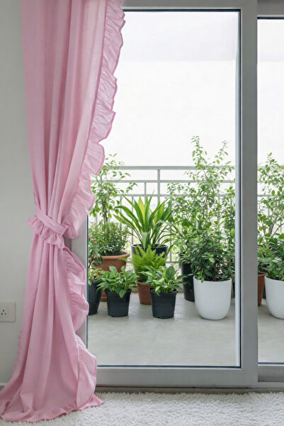 MZN Home 2 Kenar Fırfırlı Vintage Pembe Keten Perde – Korniş/Halkalı, %100 Do...