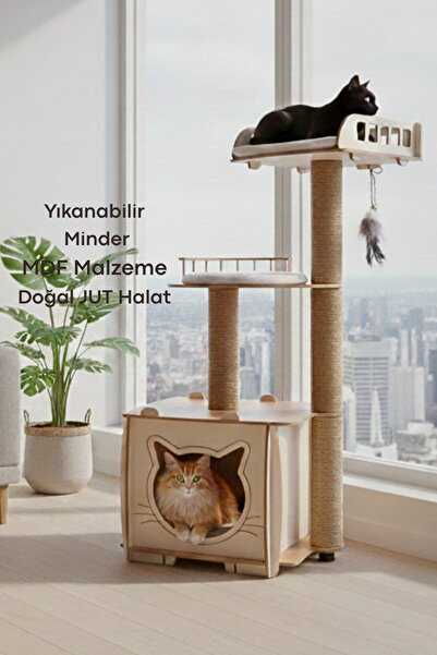 Xl Lâl Katlı Yataklı Kedi Tırmalama Evi Bej