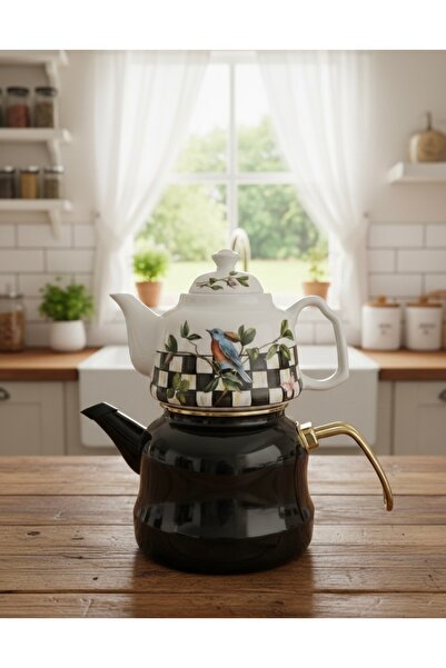 EmayeBurada Emaye Desenli Çaydanlık Porselen Demlikli Büyük Boy Siyah