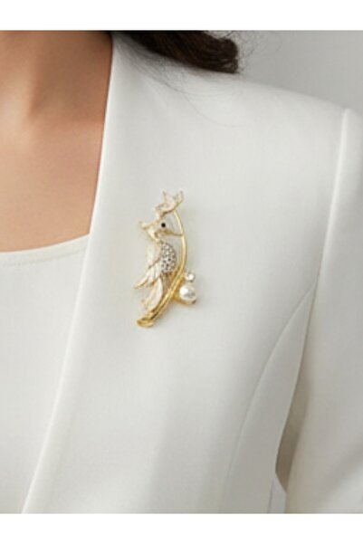 MODAMİRA AKSESUAR Doğanın Işıltısı | Taşlı | İncili | Mineli Ağaçkakan Broş | Renk Sedefli Krem