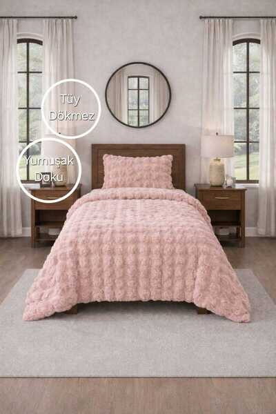 PEREN HOME Premium Tavşan Tüyü Peluş Tek Kişilik Yatak Örtüsü Seti Kalın Dokulu 160x220cm + Yastık Kılıfı Pembe