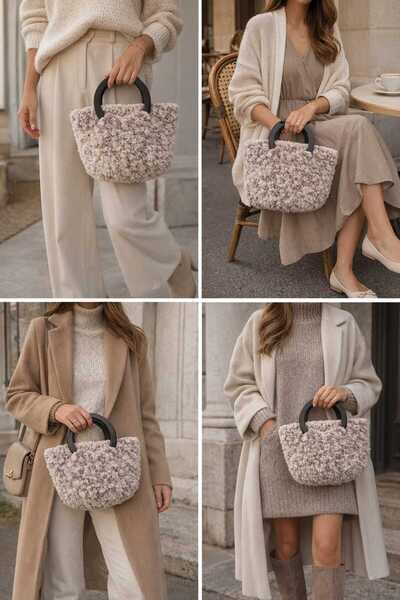 Market Elit Kışlık El Örgüsü Peluş /Tedy Çanta, Çıtçıtlı, Ahşap Saplı