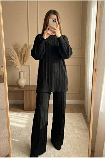 Bold Grup Black Knitwear Ribbed Hijab Tunic and Trousers Set - Balloon Sleeve