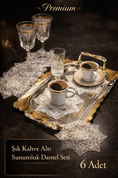 Esteks Dantel ve Tekstil Aksesuarları FRANSIZ DANTEL Dekoratif Güpür Dantel Kahve Kokteyl Sunum Peçetesi 6 Adet