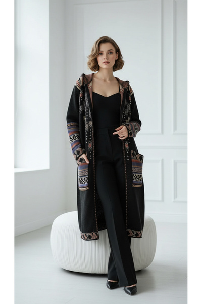 Uludağ Triko Kadın Siyah Dama Desenli Fermuarlı Uzun Triko Hırka