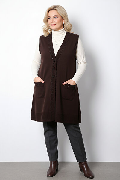 Laden Ειδικά πλεκτά γυναικεία είδη μεγάλου μεγέθους ελαφρύ Ανοιξιάτικο μακρύ καφέ γιλέκο Mother slim