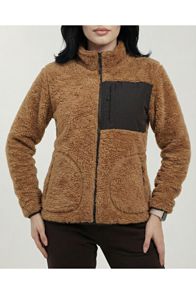 Veleno Kadın Kahverengi Kuzu Welsoft Yünlü Peluş Kürklü Polar Ceket Tam Fermuarlı 3 Cepli