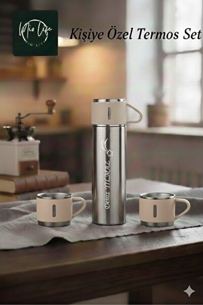 Mio Life Kişiye Özel Paslanmaz Çelik Termos 500 ml - 3 Bardaklı Hediyelik Termos Seti
