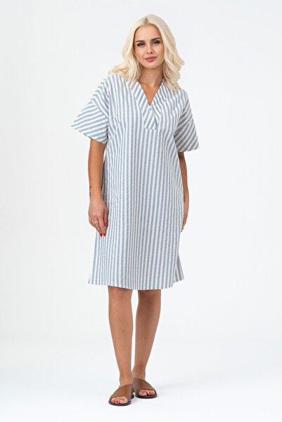 Bold & Young Women's Pocketed V-Neck Short Sleeve Cotton Dress Blue Ecru