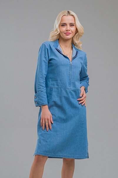 Bold & Young Rochie de damă indigo cu guler cu fermoar, mânecă cu fermoar, cu nasturi, cu buzunar lat, din denim