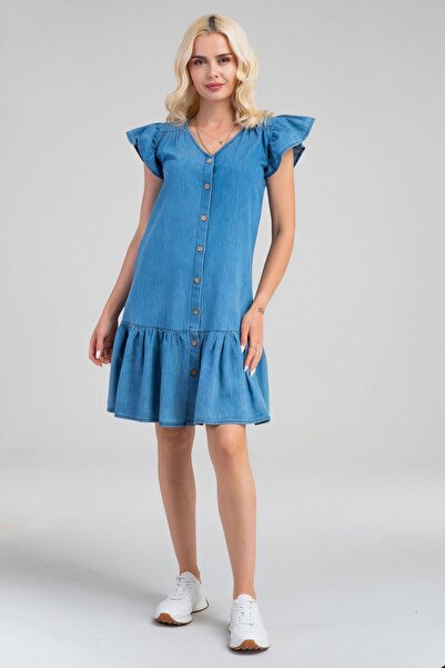 Bold & Young Дамска индиго-цветна пола с подгъв и ръкави с набрана предна част, копчеста тясна деним рокля