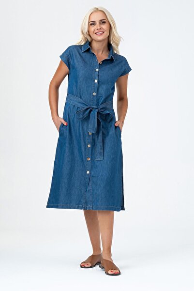 Bold & Young فستان قميص نسائي من القطن بدون أكمام مكون من شق جيوب باللون النيلي