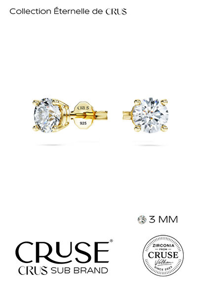 Cruse 925 Ayar Gümüş 3 MM Tektaş Küpe 14 Ayar Altın Kaplama