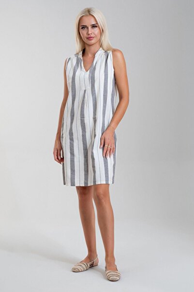 Bold & Young Γυναικείο ριγέ φόρεμα με τσέπες από υφαντό βαμβακερό ύφος ΜΑΥΡΟ ΕΚΡΟΥ ΦΑΡΑΓΚΟΥΡΕΣ ΡΙΓΕΣ