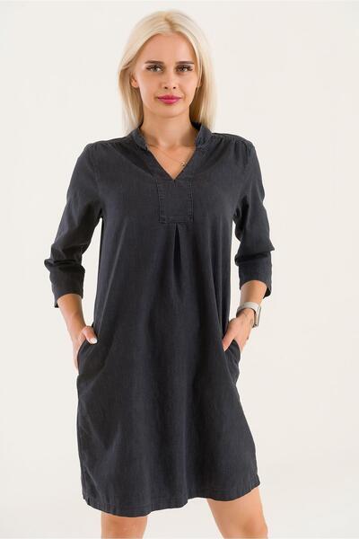 Bold & Young Γυναικείο μαύρο τζιν φόρεμα με μανίκια 3/4 πλυμένο βαμβακερό