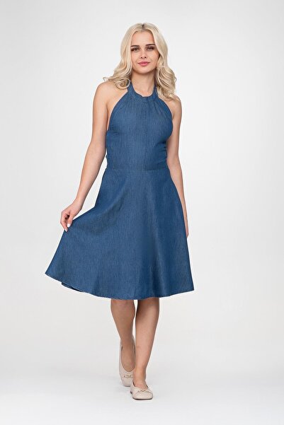 Bold & Young Жіноча сукня з кишенями, що зав'язується на шиї, з еластичною стрічкою ззаду, індиго