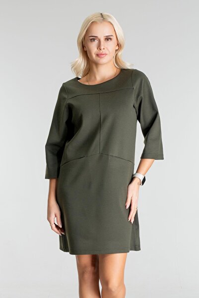 Bold & Young Rochie pentru femei cu mâneci trei sferturi și guler rotund buzunare, buzunar frontal kaki