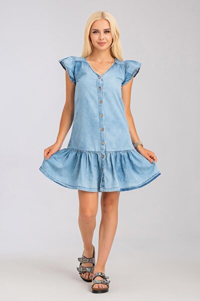 Bold & Young فستان قميص نسائي باللون النيلي - قماش ليوسيل، غسول أبيض، أزرار وأكمام مجمعة