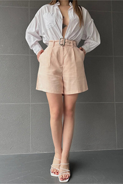 Fav Style Spodenki Bird Mom z wysokim stanem i szerokimi nogawkami, z paskiem - podwójne kieszenie, pudrowe